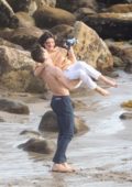 Kendall Jenner on set of a photoshoot at the beach in Malibu, California