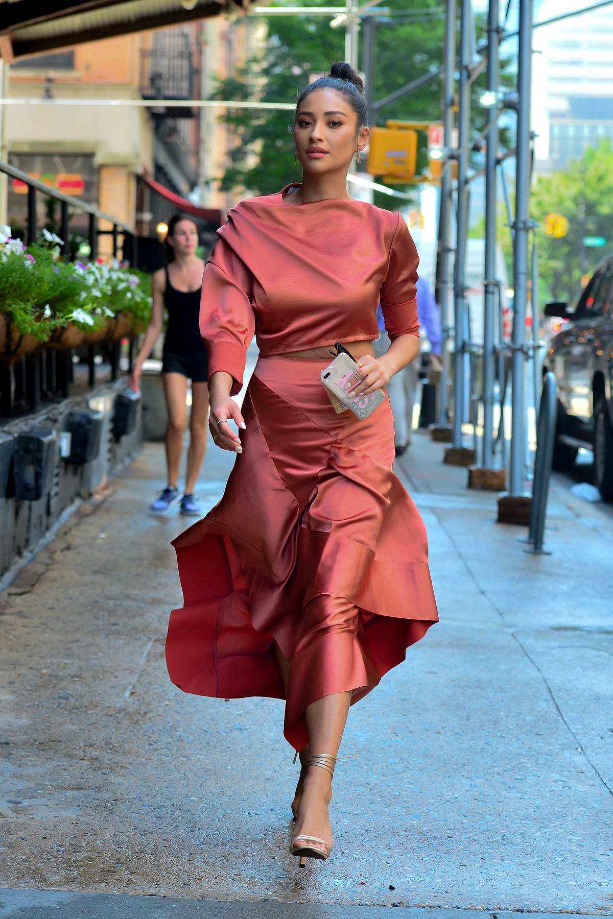 shay mitchell looks stylish in a coral orange dress while heading out ...