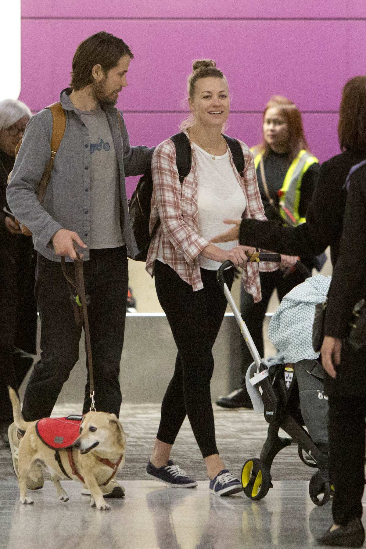 Yvonne Strahovski spotted at the airport with her husband and baby as she lands in Toronto, Canada