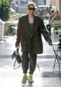 Hailey Baldwin Bieber wears an oversized plaid blazer during her trip to Nine Zero One hair salon in West Hollywood, Los Angeles