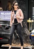 Nina Dobrev looks trendy in a blush colored jacket, black top and skinny jeans as she leaves Bluestone Lane Cafe in Los Angeles
