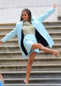 Isabela Moner poses for a promotional photoshoot for 'Dora and the Lost City of Gold' on the steps of City Hall in New York City