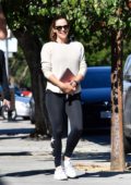 Jennifer Garner seen wearing an off-white sweatshirt and black leggings while out for a meeting in Beverly Hills, Los Angeles
