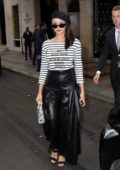 Nina Dobrev looks stylish in black leather skirt as she leaves the George V Hotel in Paris, France