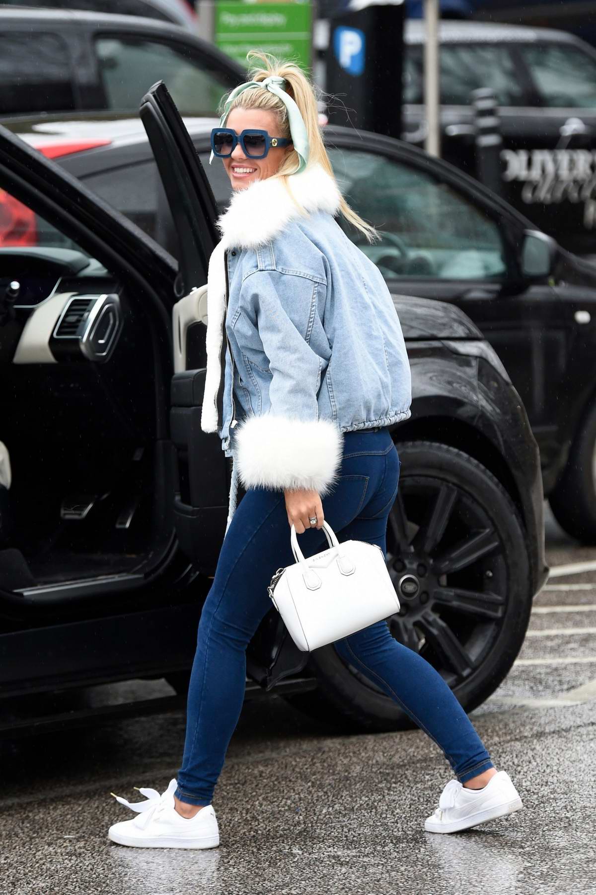christine mcguinness seen wearing a fur-lined denim jacket and