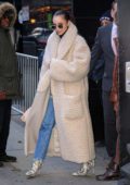 Sofia Carson looks stylish in a faux fur long coat as she leaves 'Good Morning America' in New York City