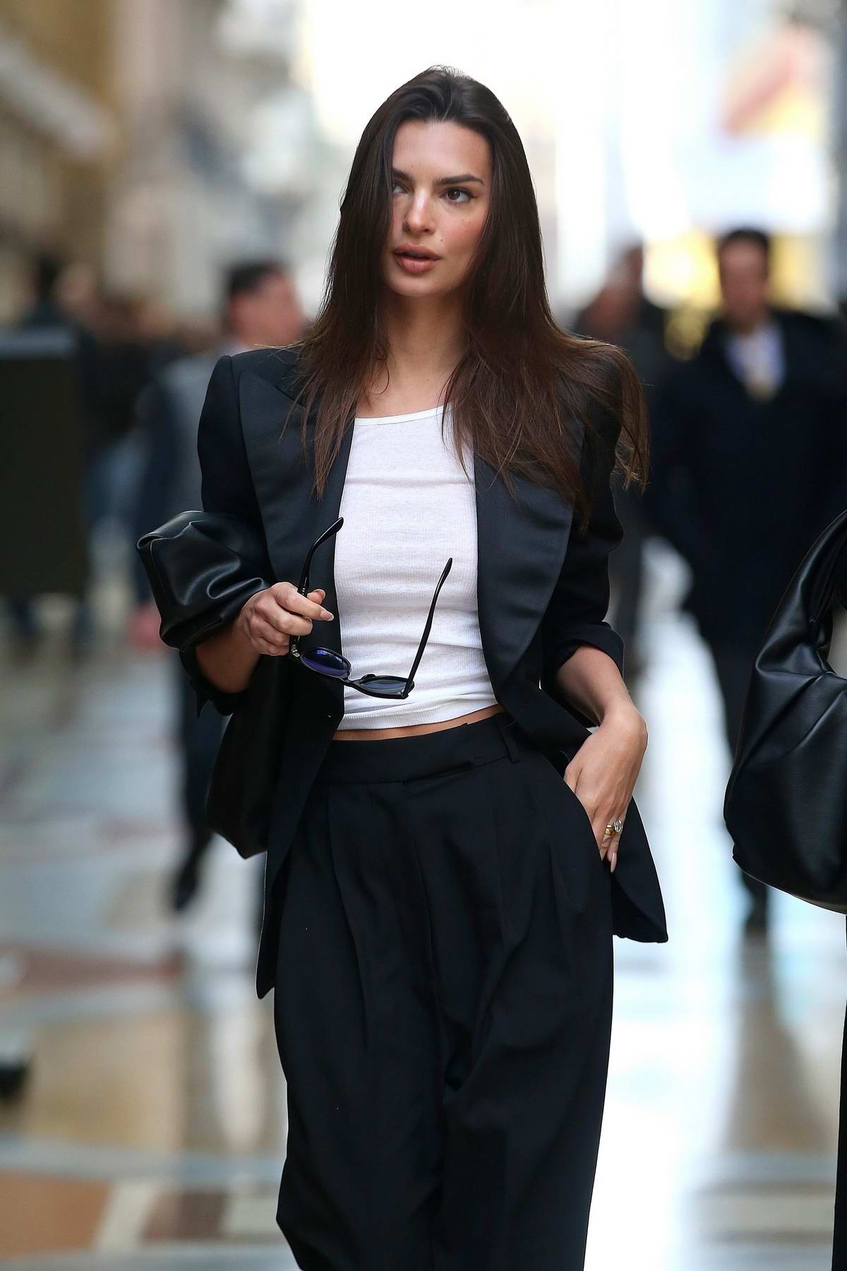 emily ratajkowski looks stylish in a black suit while out during milan ...