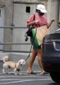 Vanessa Hudgens sports green bike shorts as she steps out to pick up some dog food with her pooch in Hollywood, California