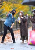 Hilary Duff seen wearing a raincoat while filming scenes for 'Younger' in New York