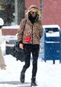 Nicky Hilton wears a leopard print hooded jacket as she steps out on a snowy day in New York City