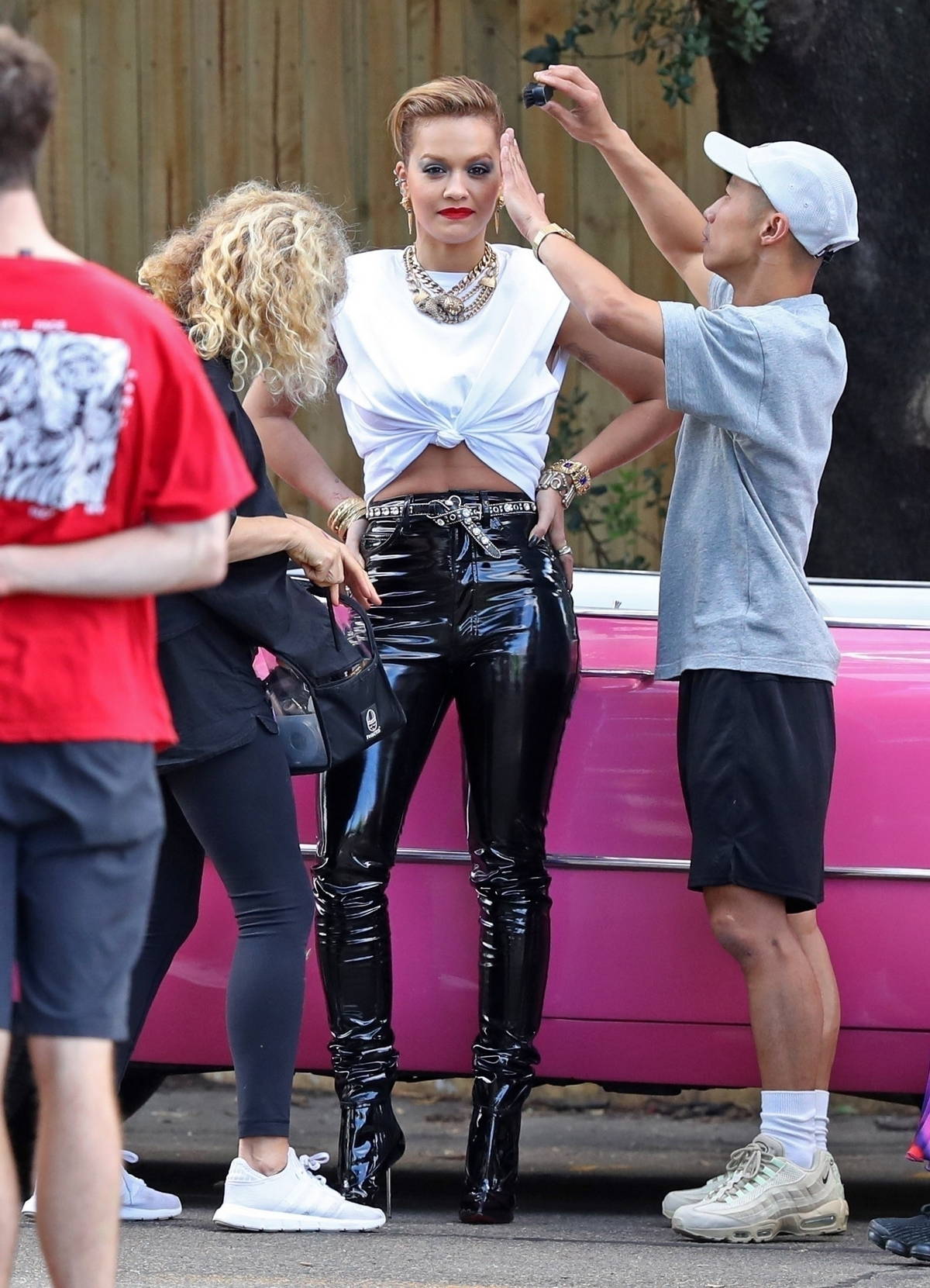 rita ora stuns in skin-tight leather pants while posing with a bright pink  vintage car for a photoshoot in sydney, australia-260321_2