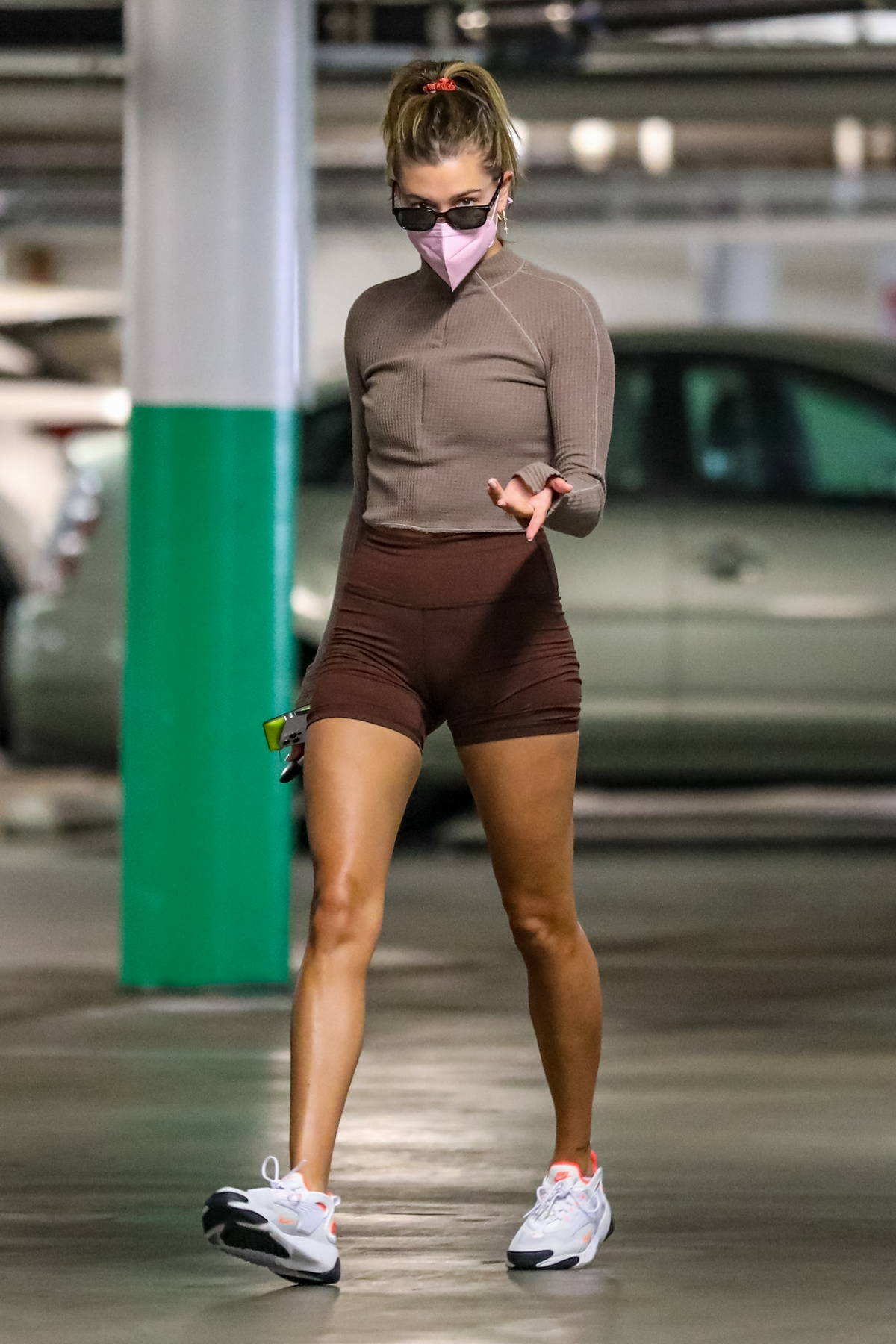 Hailey Bieber puts on a leggy display while running a few errands in Santa Monica, California