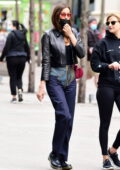 Irina Shayk rocks a pair of stylish denim pants with a black leather jacket while running a few errands in New York City
