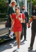 Hailey Bieber looks cute in a red mini dress while out shopping with Justin Bieber in Downtown Miami, Florida