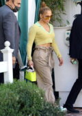 Jennifer Lopez wears a mint-green crop top and baggy cargo pants for a lunch date in West Hollywood, California