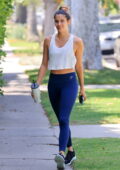 Sara Sampaio looks sporty in a cropped tank top and blue leggings while attending her Pilates class in West Hollywood, California