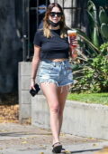 Ashley Benson dons a cropped black tee and denim shorts while making stop at Starbucks in Los Feliz, California