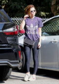 Kate Mara sports an Adidas tee and leggings while she takes her daughter out to Griffith Park in Los Feliz, California