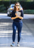 Jennifer Garner wears a navy sweater and joggers while checking on her under-construction house in Brentwood, California