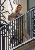 Gigi Hadid spotted while posing for a photoshoot at the Costes Hotel during Paris Fashion Week in Paris, France