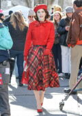 Rachel Brosnahan spotted in red ensemble while filming 'The Marvelous Mrs. Maisel' in Central Park in New York City