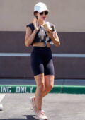 Lucy Hale flashes her toned abs in crop top and legging shorts while out on a hike in Los Angeles