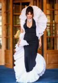 Priyanka Chopra wears a black and white frilled gown as she leaves the Ritz hotel in Paris, France