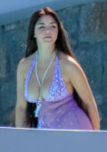 Demi Rose stuns in sheer lavender lingerie during a photoshoot in Mykonos, Greece