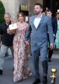 Jennifer Lopez looks amazing in a floral print gown as she and Ben Affleck leave Hôtel de Crillon in Paris, France