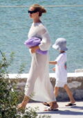 Rosie Huntington-Whiteley dons a sheer white dress while out for a boat trip with Jason Statham and their son in Schinoussa, Greece