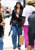 Dua Lipa rocks a leather jacket with baggy jeans while heading out in New York City