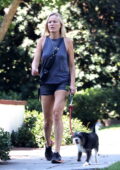 Malin Akerman gets leggy in denim shorts while out for a morning walk with her pooch in Los Angeles