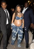 Rihanna bares her baby bump in a tiny bra top with matching pants while heading out with ASAP Rocky in Paris, France