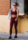 Olivia Wilde looks fit in a burgundy sports bra and leggings while she after her daily workout session in Studio City, California