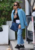 Katharine McPhee dons a blue coat and jeans while stepping out for lunch with a friend at Avra in Beverly Hills, California