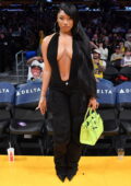 Megan Thee Stallion attends the NBA game between the Minnesota Timberwolves vs Los Angeles Lakers at Crypto.com Arena in Los Angeles