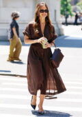 Jessica Alba looks stylish in a brown dress while stepping out in New York City