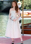 Charli Howard looks radiant in a white polka dot dress while seen at Hotel Excelsior during the 81st Venice Film Festival in Venice, Italy
