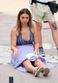 Madelyn Cline spotted in a blue crop top and lavender skirt while filming scenes with KJ Apa for 'The Map That Leads To You' in Rome, Italy